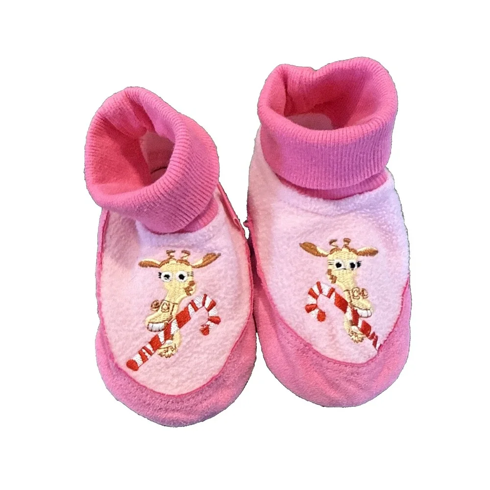 Merry Madagascar Y2K Baby 7- 8 Embroidered Giraffe Pink Fleece Slippers Booties